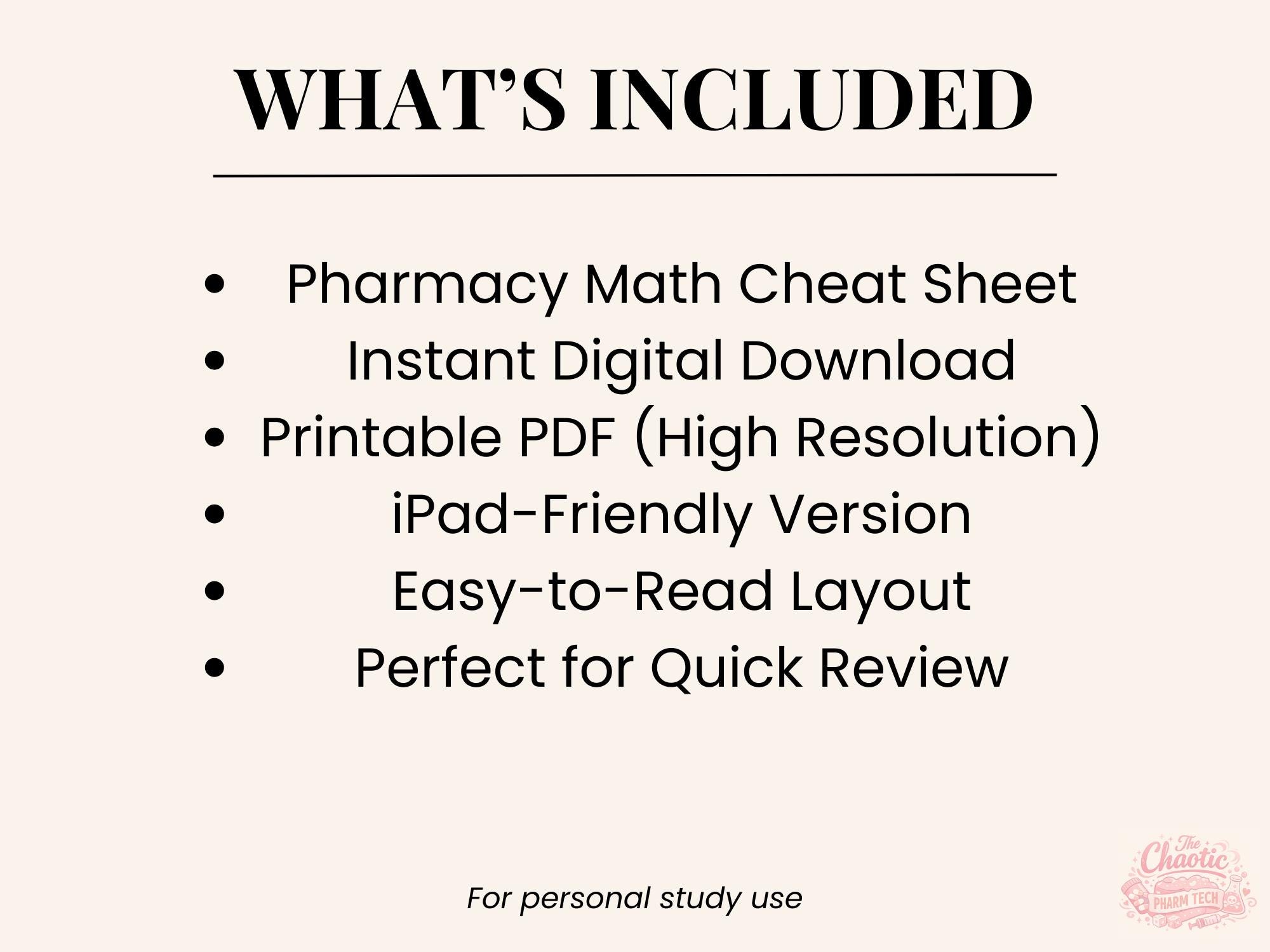 Pharmacy Technician Math Cheat Sheet | PTCB Calculations Study Guide ...