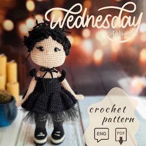 Handmade Crochet Pattern for Adorable Amigurumi Doll - Perfect Gift for Wednesday Fans Cute Eng Doll Crochet PDF, Wednesday series character