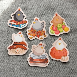 Cute Autumn Chicken Mini Stickers! Pack of 3 or 6 | Cozy Fall Pumpkin, Leaves, Blanket, Scarecrow, Book/Reading, Farm | Vinyl Sticker