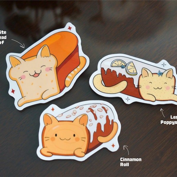 Cat Loaf Stickers, Bread, Cinnamon Roll, Lemon Loaf | Cute Cat Stickers | Kawaii Kitten Stickers | Waterproof Vinyl