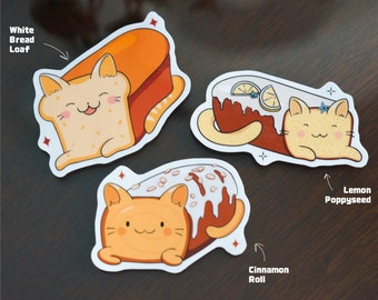 Pegatinas de pan de gato, pan, rollo de canela, pan de limón / Pegatinas de gatos adorables / Pegatinas de gatitos kawaii / Vinilo resistente al agua