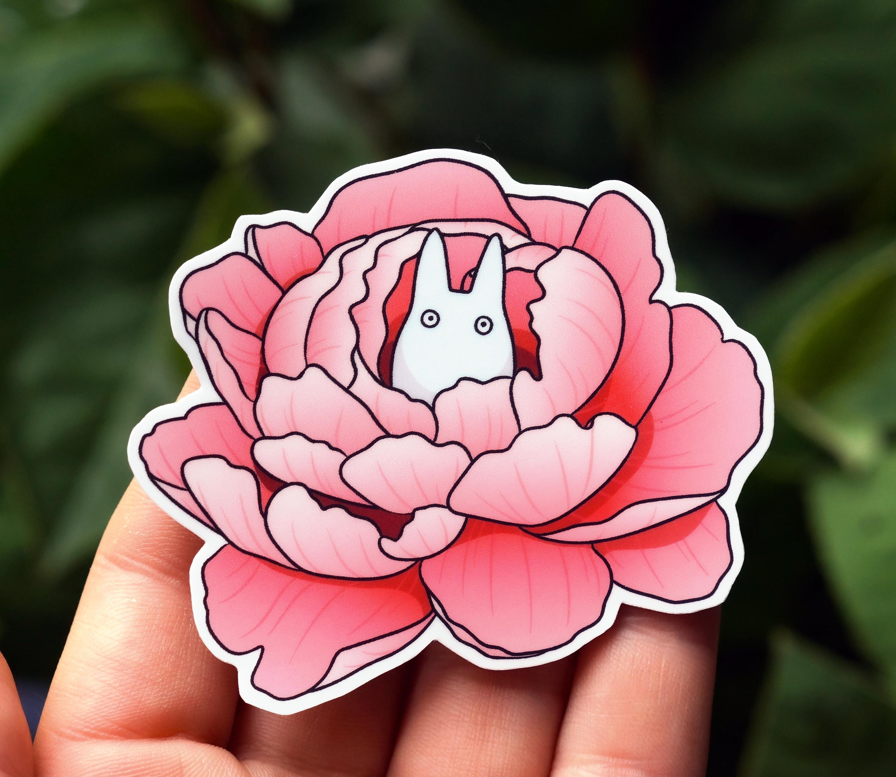 Floral Peony Totoro-Inspired Sticker | Vinyl Matte or Gloss, Anime, Flowers, Girly, Kawaii Toroto | Cute Studio Ghibli Inspired Original Art