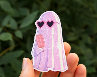 Sparkly Pink Ghost Sticker, Heart Sunglasses & Popsicle | Cute Girly Halloween Sticker | Witchy Vibes, Spooky | Matte Gloss Vinyl Sticker
