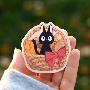 Jiji Bread Basket Sticker | INSPIRED BY Kiki's Delivery Service | Studio Ghibli Inspired | Cute Bakery Loaf Black Cat | Waterproof Sticker