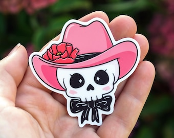 Naklejka winylowa z różową czaszką kowbojki | Urocza, upiorna naklejka, na Halloween, kowbojska, country, western, rodeo, dziewczęca, matowa lub błyszcząca