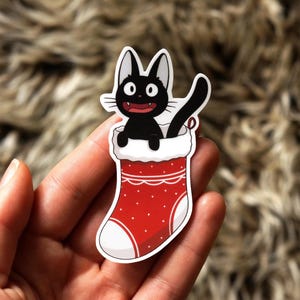 Cute Christmas Stocking Jiji Cat | Ghibli-Inspired Sticker Anime Artwork | Kiki Witch, Black Cat | Waterproof Vinyl Sticker | Kawaii Cat