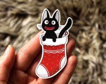 Lindo calcetín navideño de Jiji Cat / Pegatina inspirada en Ghibli / Ilustración de anime / Kiki Witch, gato negro / Vinilo resistente al agua / Gato kawaii
