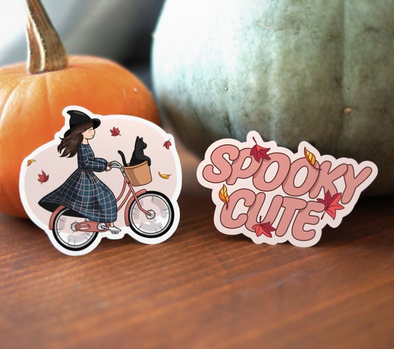 Cute Witch Bicycle & Black Cat Sticker | Spooky Cute | Halloween Autumn Fall Themed Sticker Waterproof Vinyl Stickers | Kiki's Delivery