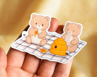 Sweet Bear & Honey Picnic Sticker, Original Artwork | Cute Animals | Spring Sticker, Teddy Bear, Pooh, Kawaii Artwork Matte Waterproof Vinyl