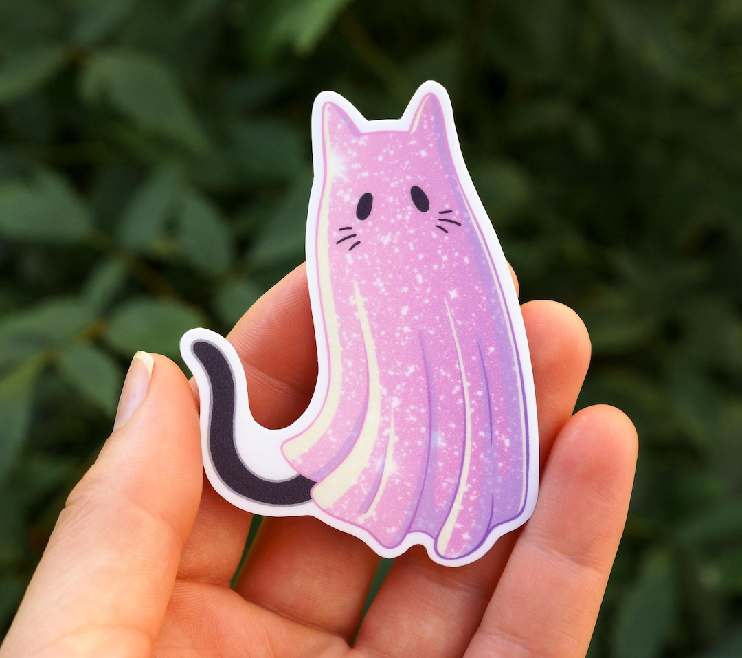 Sparkly Pink Cat Ghost Sticker | Cute Girly Halloween Fall Sticker ...