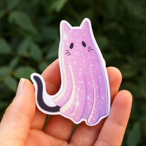 Pegatina de fantasma de gato rosa brillante / Bonita pegatina de Halloween otoñal para niñas / Regalos para amantes de los gatos, pastel, ambiente de bruja, espeluznante / Vinilo mate brillante