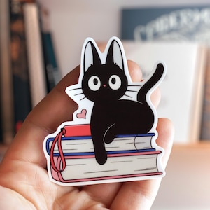 Bookish Black Cat Witchy Sticker | INSPIRED by Jiji | Kiki, Anime Sticker, Kawaii, Howl, Book Lover, Ghibli, Cute Matte or Gloss Vinyl Art