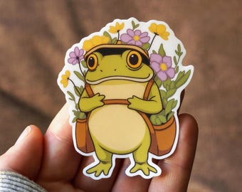 Kröte Gärtner Aufkleber, Originale Zeichnung | Geschenk für Pflanzenliebhaber, Waldtiere | Pflanzen, Frosch, Natur, wunderliches Kunstwerk, wasserdichtes Vinyl