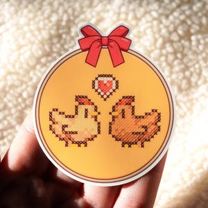 Cute Cross-Stitch Chicken Sticker Inspired by Stardew Valley | Retro Stardew Valley Gift | Junimo, Stardrop, Video Game, Pelican Town, Vinyl