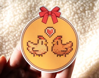 Cute Cross-Stitch Chicken Sticker Inspired by Stardew Valley | Retro Stardew Valley Gift | Junimo, Stardrop, Video Game, Pelican Town, Vinyl