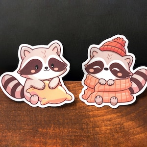 Cute Cozy Raccoon Sticker Set | Blanket and Pillow Racoons | Trash Panda Sticker | Cute Raccoon Animals, Kawaii Animals, Waterproof Vinyl