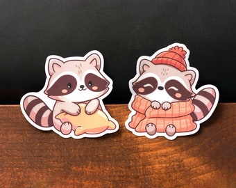 Cute Cozy Raccoon Sticker Set | Blanket and Pillow Racoons | Trash Panda Sticker | Cute Raccoon Animals, Kawaii Animals, Waterproof Vinyl