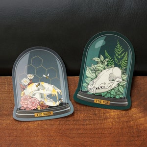 Puede incluir: Dos pegatinas de cúpula de vidrio con cráneos de animales en su interior. La pegatina de la izquierda presenta un cráneo de oso con panal y flores. La pegatina de la derecha presenta un cráneo de zorro con follaje verde. Las pegatinas dicen "The Bear" y "The Fox".