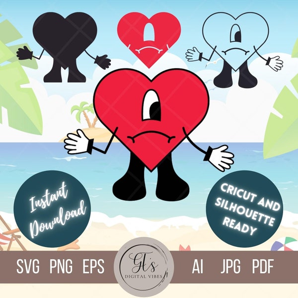 Bad Bunny Heart Layered SVG, Conejo Malo Cut File, Verano Sin Ti, Cricut Silhouette, Baby Benito PNG, Sad Heart Sublimation File,Corazon SVG