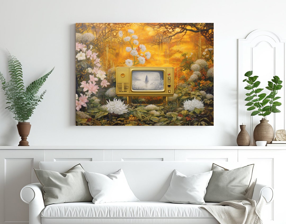 Vintage TV in Garden Wall Art Ready to Hang Home Decor Etsy