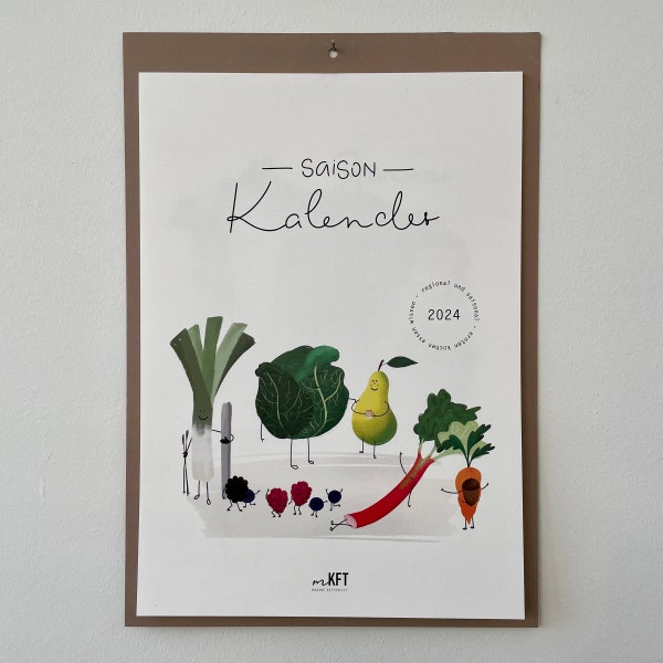 Wandkalender 2024 - fröhliches Gemüse und glückliches Obst - Saisonal und regional. A4. Saisonkalender. Vegan und witzig.