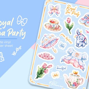 Feuille d'autocollants en vinyle Royal Tea Party | princesse, tulipes, coquette | Ensemble d'autocollants mats kawaii, journaux, ordinateur portable, décoration