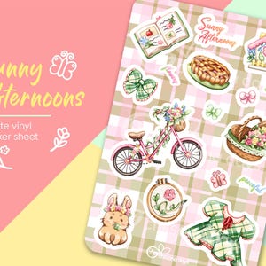 Hoja de pegatinas de vinilo troqueladas "Tardes soleadas" / Floral, primavera, estilo cottagecore / Juego de pegatinas mate kawaii, para diario, portátil y decoración