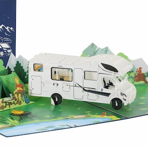 Cartolina pop-up camper – cartolina da campeggio 3D con tenda e falò, idea regalo per campeggiatori, amanti dei viaggi o come biglietto di auguri per la pensione