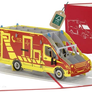 design3dkarten® Pop Up Card Ambulanza – Idea regalo con ambulanza 3D per tecnici di medicina d'urgenza, paramedici e servizi di emergenza