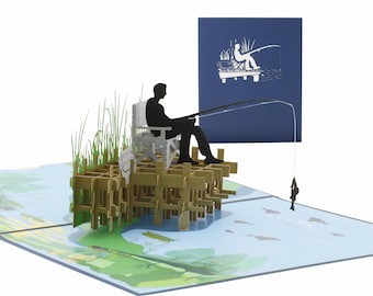 Carte pop-up pour pêcheurs – carte de vœux pour anniversaire, permis de pêche ou départ à la retraite. Idéale comme cadeau en espèces ou bon de pêche.