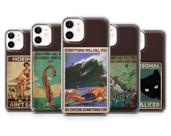 May include: Four different phone cases with various designs. The first case features a woman in a red dress and a dog. The second case features a large octopus. The third case features a surfer riding a wave. The fourth case features a black cat with the text "Personal Walker".