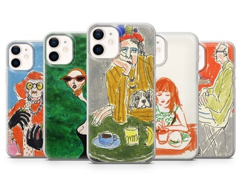 Peut inclure: Ensemble de cinq coques de téléphone avec des illustrations colorées de personnes et d'animaux. Les coques sont transparentes et laissent apparaître le design du téléphone.