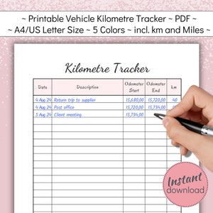 Printable Vehicle Kilometre Log Book, Travel Distance Logbook, Business Miles Tracker, Odometer log, A4 and US Letter, PDF