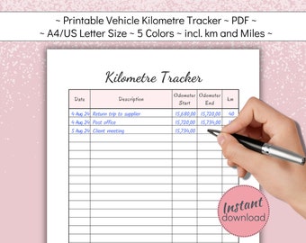 Printable Vehicle Kilometre Log Book, Travel Distance Logbook, Business Miles Tracker, Odometer log, A4 and US Letter, PDF