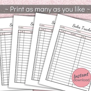 May include: Printable sales tracker with columns for date, event, description, quantity, price, and notes. The tracker has 20 rows and is designed to be used for tracking sales.
