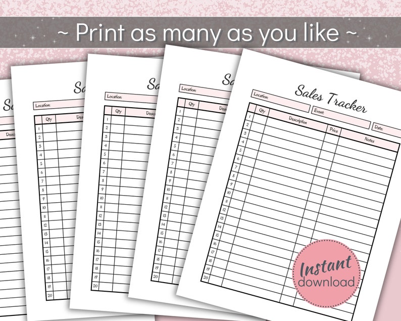 May include: Printable sales tracker with columns for date, event, description, quantity, price, and notes. The tracker has 20 rows and is designed to be used for tracking sales.