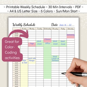 Printable Weekly To Do List with 30 Minute Intervals, Half Hour Week Schedule, Study Timetable, 7 Day Planner, A4 US Letter, PDF