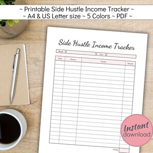 May include: A printable side hustle income tracker on a wooden desk. The document is white with pink accents and includes fields for month, year, date, source, details, and amount. A coffee cup, pen, and notebook are also visible.