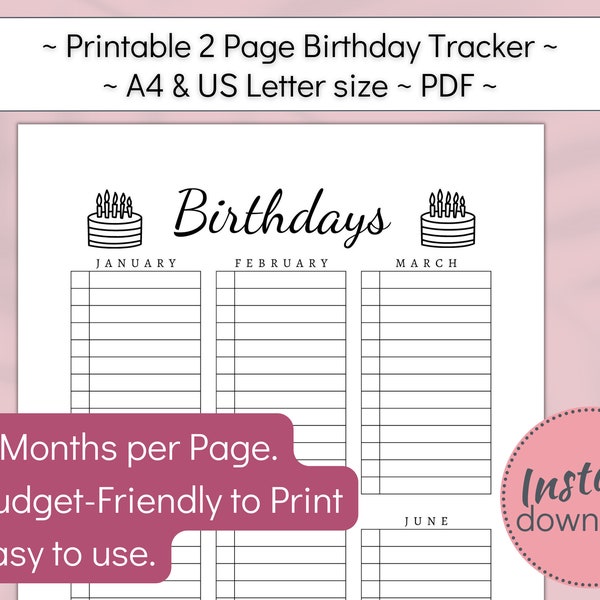 Printable 2-Page Birthday Reminder, Natal Day Tracker Colorful Birthdate Chart, Perpetual 12 Month DOB Dates List, A4 and US Letter PDF