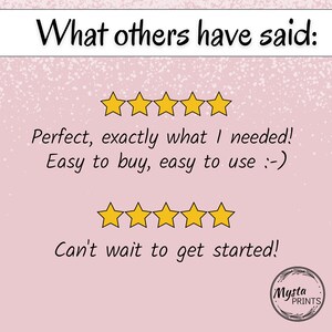 May include: Five-star customer reviews with the text "Perfect, exactly what I needed! Easy to buy, easy to use :-)" and "Can't wait to get started!"  The reviews are on a pink background with white dots.