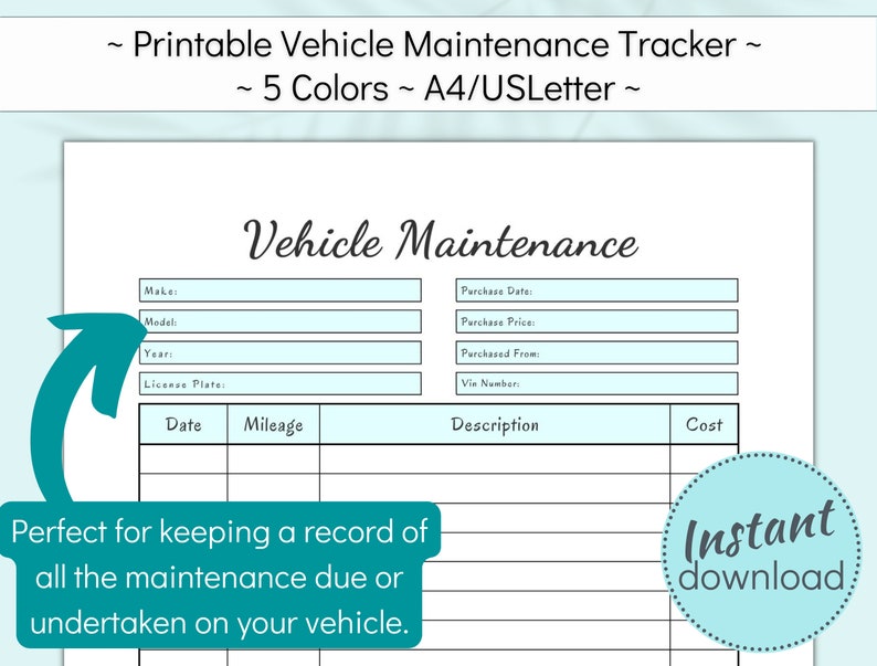 Printable Vehicle Service Tracker Car Maintenance Log Book - Etsy