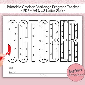 Puede incluir: Un rastreador de progreso de desafío de octubre imprimible con un diseño en blanco y negro. La palabra "OCTUBRE" está escrita en letras grandes con los números del 1 al 31 dentro de las letras. El rastreador está diseñado para ser utilizado para un desafío de 31 días.