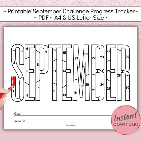 Imprimable Septembre Challenge Tracker, 30 jours Goal Setting Page de coloriage, Mensuel Habit Forming Progress Tracker, A4, US Letter, PDF,