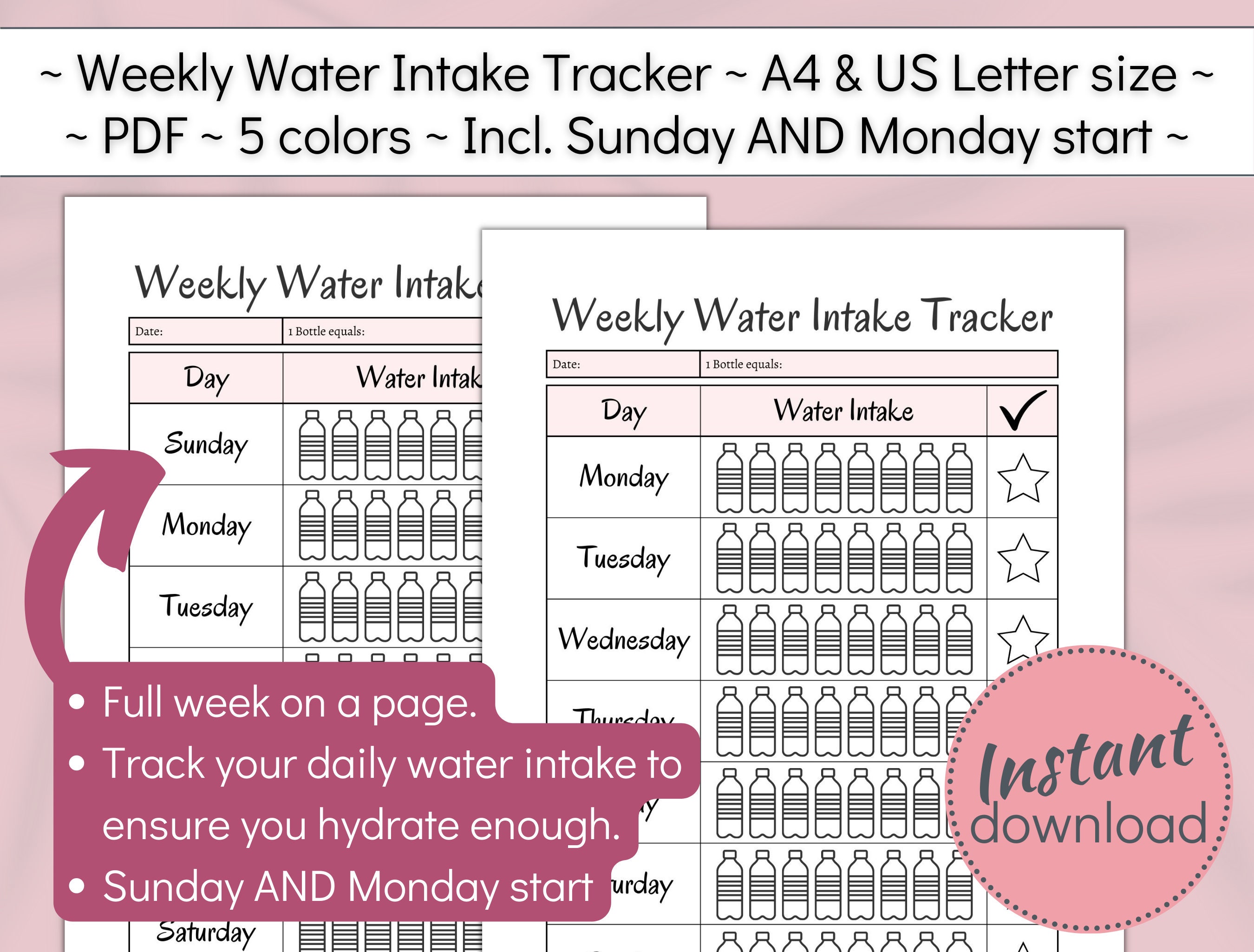 Weekly Water Intake Tracker Printable, 7 Day Hydration Challenge, Daily ...