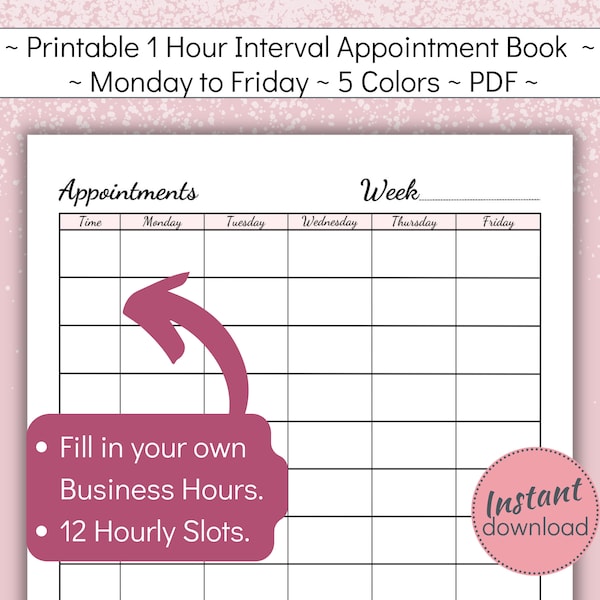 Printable Appointment Book with hourly time slots, Weekly Client Meeting Planner, Mon - Fri Customer Session Scheduler, A4 US Letter, PDF