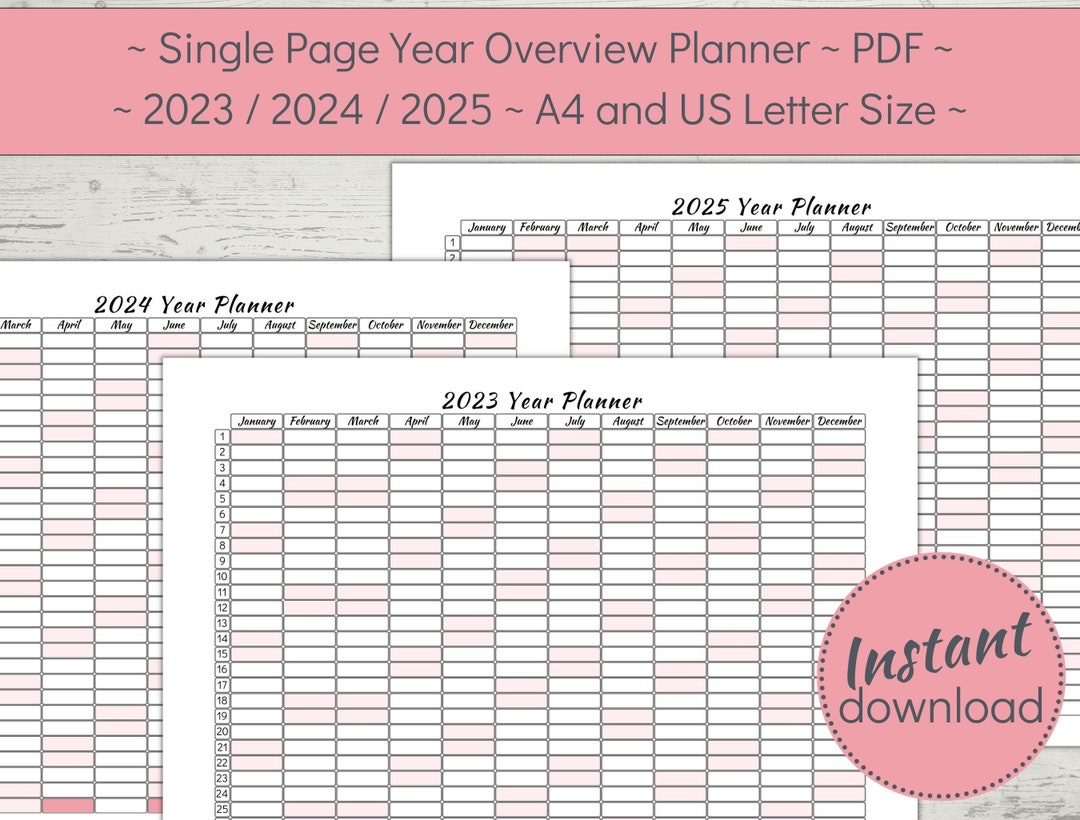2023 2024 2025 Printable Single Page Year Planner, Minimalist Overview