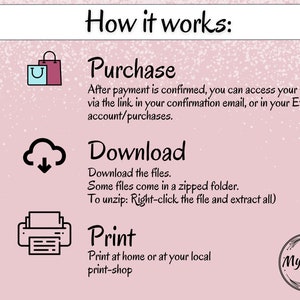 May include: A pink and white graphic with three steps on how to purchase, download, and print digital files. The steps are numbered 1, 2, and 3. The graphic includes icons for a shopping bag, a cloud with a download arrow, and a printer. The text "How it works:" is at the top of the graphic. The text "Mysta PRINTS" is at the bottom of the graphic.