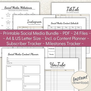 Social Media Growth Bundle Printable, YouTube, TikTok, Instagram Subscriber Tracker, Content Creation Schedule Planner, A4 US Letter, PDF
