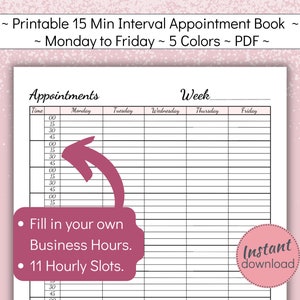 Printable Mon-Fri Appointment Book with 15 minute time slots, Weekly Client Meeting Planner, Customer Session Scheduler, A4 US Letter, PDF