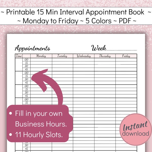 Printable Mon-Fri Appointment Book with 15 minute time slots, Weekly Client Meeting Planner, Customer Session Scheduler, A4 US Letter, PDF